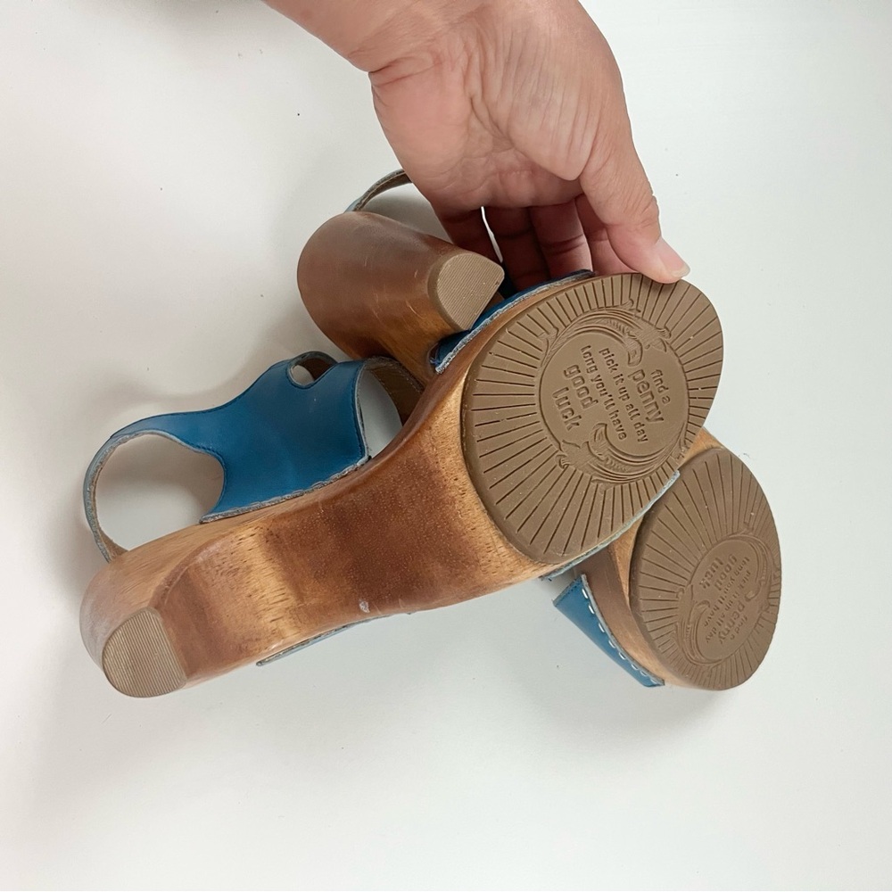 Anthropologie Women's Lucky Penny Leather Wooden Clogs Blue Brown Sz 7 Brazil - Picture 8 of 10